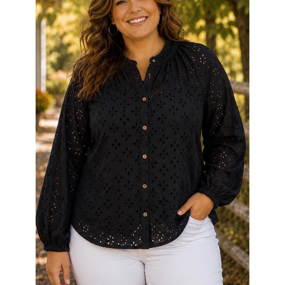 Nine‎ West Womens Blouse Black Plus 2X Eyelet Top NWT Cotton Summer Boho Peasant
